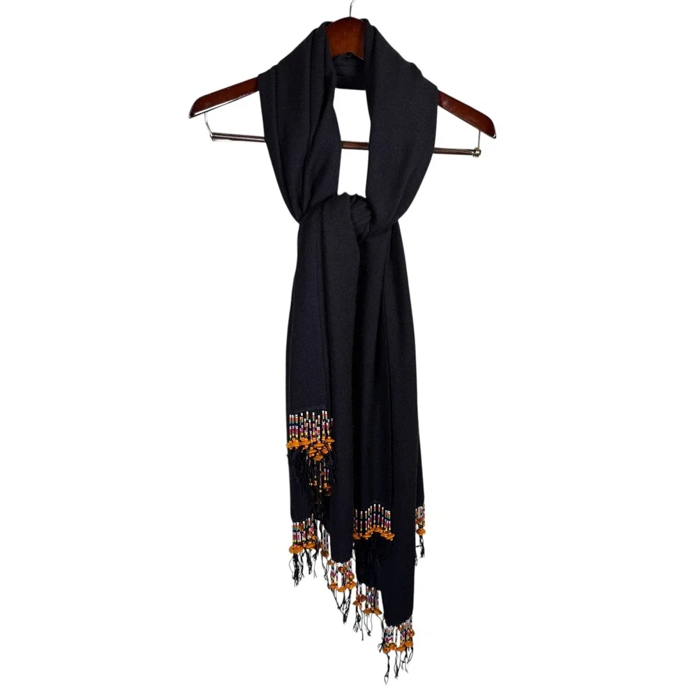 Black Scarf with Colorful Beaded Fringe Boho Bohemian Women's Shawl Wrap 78 x 36